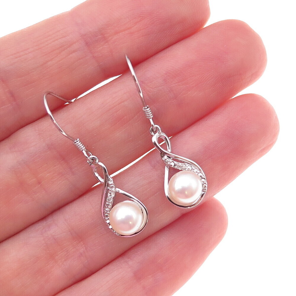 925 Sterling Silver Real Diamond & Pearl Infinity Dangle Earrings
